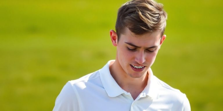 Young male cricketer, braces, looking dejected, cricket field.
