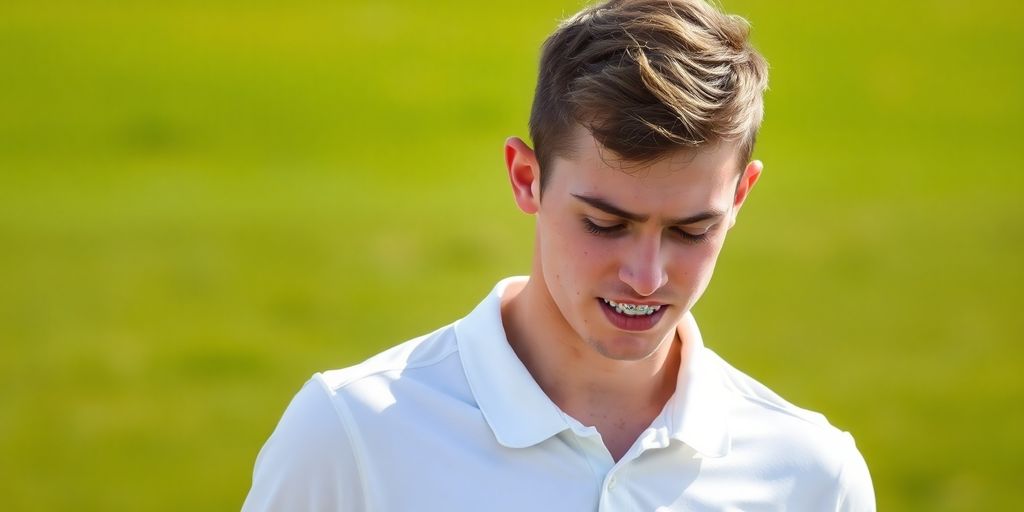 Young male cricketer, braces, looking dejected, cricket field.